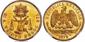 Republic gold 20 Pesos 1873/1 Go-S MS62 NGC, Guanajuato mint, KM414.4, Fr-124. On the very cusp of a choice designation, gifted with a bold strike, an...
