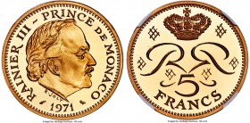 Rainier III gold Proof Piefort 5 Francs 1971-(a) MS69 Ultra Cameo NGC, KM-PE16b. A fleeting and practically perfect modern Proof. Displaying a hyper-r...