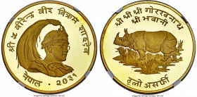Shah Dynasty. Birendra Bir Bikram gold Proof "Great Indian Rhinoceros" 1000 Rupee VS 2031 (1974) PR69 Ultra Cameo NGC, KM844. Conservation series issu...