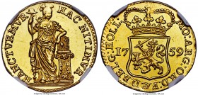 Holland. Provincial gold Off-Metal Strike 1/4 Gulden 1759 MS61 NGC, KM100a. A nearly prooflike striking of this popular gold issue. A slightly weak st...