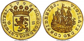 Holland. Provincial gold 6 Stuivers 1746 MS62 PCGS, KM45a, Fr-Unl. Delightfully crisp, with a pronounced expression in the details throughout, and all...