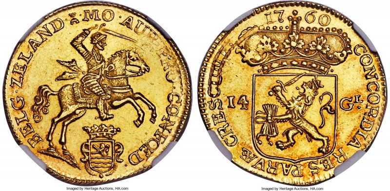Zeeland. Provincial gold 14 Gulden 1760 MS63 NGC, KM97, Fr-313. A phenomenal Gol...
