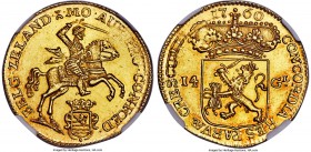 Zeeland. Provincial gold 14 Gulden 1760 MS63 NGC, KM97, Fr-313. A phenomenal Golden Rider type, with only a meager planchet flaw noted for completenes...