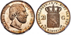 Willem III 2-1/2 Gulden 1874 MS65 NGC, KM82. Sword in scabbard privy mark. A sensational gem with glassy luster, fully struck and exhibiting a great d...