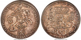 Dutch Colony. United East India Company Ducaton 1738 AU55 NGC, Kampen mint, KM95.1. Plain edge. Overyssel issue. Well detailed with an expression of b...