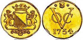Dutch Colony. United East India Company gold Specimen Off-Metal Pattern Duit 1754 SP64 NGC, KM111.1b, Scholten-345 (RRR). Utrecht issue. A gorgeous go...
