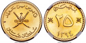 Sultanate. Qabus bin Sa'id 3-Piece Certified gold Baisa Proof Set AH 1394 (1974) PR68 NGC, 1) 25 Baisa - PR68, KM45 2) 50 Baisa - PR68, KM46 3) 100 Ba...