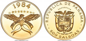 Republic gold Proof "Golden Eagle" 500 Balboas 1984-FM PR69 Ultra Cameo NGC, Philadelphia (Franklin) mint, KM101.  Mintage of 156 pieces. Golden eagle...