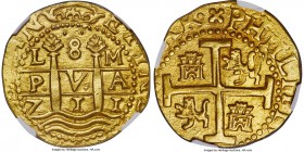 Philip V gold Cob 8 Escudos 1711 L-M AU55 NGC, Lima mint, KM38.2, Onza-239 (Rare). A wholesome and arguably conservatively graded specimen of this vas...