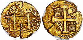 Philip V gold Cob 8 Escudos 1735 L-N AU58 NGC, Lima mint, KM38.2, Fr-7. A wonderfully wholesome example, with an impressive strike for this normally c...