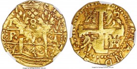 Ferdinand VI gold Cob 8 Escudos 1747 L-V AU55 NGC, Lima mint, KM47. 26.92gm. Entirely wholesome, with very minimal amounts of observed handling, disce...