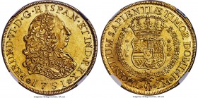 Ferdinand VI gold 8 Escudos 1751 LM-J MS62 NGC, Lima mint, KM50, Onza-577. A profound specimen with undeniable quality within the design elements and ...