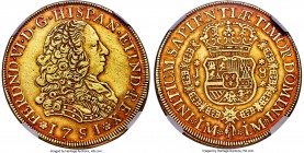 Ferdinand VI gold 8 Escudos 1751 LM-J XF45 NGC, Lima mint, KM50, Fr-16. A most enticing type as the first milled 8 Escudos struck at Lima, this wholes...