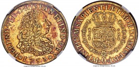 Ferdinand VI gold 8 Escudos 1753 LM-J AU55 NGC, Lima mint, KM50, Fr-16. A very enticing embodiment of the large bust variety and a noteworthy accentua...