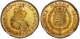 Ferdinand VI gold 8 Escudos 1759 LM-JM AU55 NGC, Lima mint, KM59.2, Fr-20. Only minimal indications of any prolonged circulation present, with a pleas...