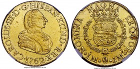 Charles III gold 8 Escudos 1762 LM-JM AU Details (Cleaned) NGC, Lima mint, KM68, Onza-674. Pale yellow in hue, with well-struck devices for this scarc...