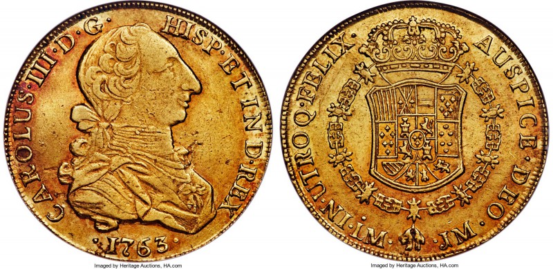 Charles III gold 8 Escudos 1763 LM-JM XF40 NGC, Lima mint, KM70, Onza-675. A rat...