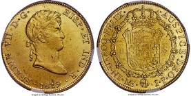 Ferdinand VII gold 8 Escudos 1819 LM-JP AU58 NGC, Lima mint, KM129.1, Fr-54. Some of the highest points on the portrait and shield are weakly struck, ...