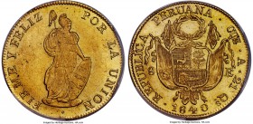 Republic gold 8 Escudos 1840 CUZCO-A MS61 PCGS, Cuzco mint, KM148.3. Displaying a bit of softness in strike, not atypical for the type, and an overall...