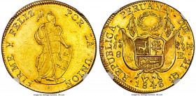 Republic gold 8 Escudos 1843 CUZCO-A AU58 NGC, Cuzco mint, KM148.3. A beautiful and rather fleeting 8 Escudos, with a gratifying display of all the de...