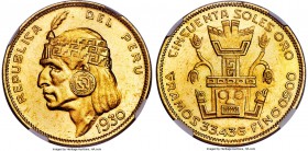 Republic gold "Inca" 50 Soles 1930 MS64 NGC, Lima mint, KM219. A scarce and sought type even more elusive in this premium quality. Truly on the cusp o...