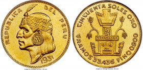 Republic gold "Inca" 50 Soles 1931 MS63 PCGS, Lima mint, KM219. Mintage: 5,538. Rather choice, with a satisfying pronunciation within the central moti...