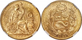 Republic gold 100 Soles 1959 MS67 NGC, Lima mint, KM231. A shimmering jewel, and boasting a level of quality that can be quite difficult to attain in ...