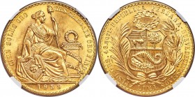 Republic gold 100 Soles 1959 MS66 NGC, Lima mint, KM231. A lustrous gem. Quite desirable in this elite grade. AGW 1.3543 oz. 

HID99912102018