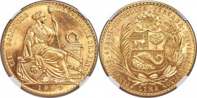 Republic gold 100 Soles 1960 MS67 NGC, Lima mint, KM231. Brandishing an effortless spiral luster, satiny texture, and a subtle reflectivity within the...