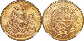Republic gold 100 Soles 1961 MS67 NGC, Lima mint, KM231. Undoubtedly a premium representative of the type, with a satisfying mint bloom that rolls spl...