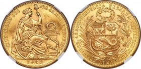 Republic gold 100 Soles 1962 MS67 NGC, Lima mint, KM231. Mintage: 9,678. Immaculate quality with soft toning accents on both sides and eye-catching re...