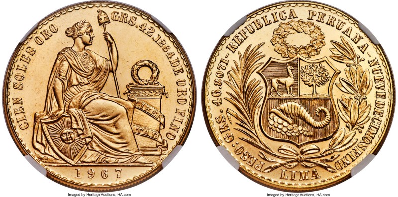 Republic gold 100 Soles 1967 MS66 NGC, Lima mint, KM231. A satiny and elegant ge...