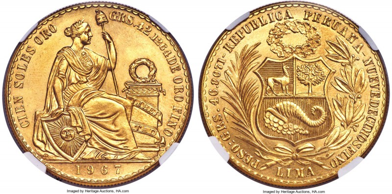 Republic gold 100 Soles 1967 MS64 NGC, Lima mint, KM231. Softly lustrous with cl...