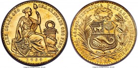 Republic gold 100 Soles 1969 MS65 PCGS, Lima mint, KM231. Arguably the recipient of a conservative designation, every element throughout this timeless...