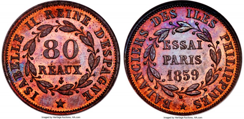 Spanish Colony. Isabel II copper Proof 80 Reaux 1859 PR66 Red Brown NGC, Paris m...