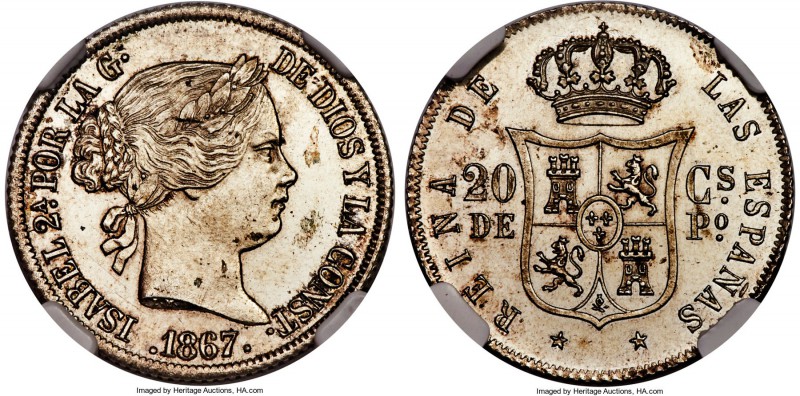 Spanish Colony. Isabel II Proof 20 Centavos 1867 PR62 NGC, KM146. An unlisted Pr...