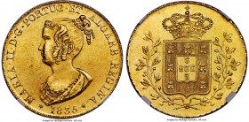 Maria II gold 6400 Reis (Peça) 1835 MS63 NGC, Lisbon mint, KM407, Fr-141. One-year type. Sharply struck on both sides with very few marks for the tech...
