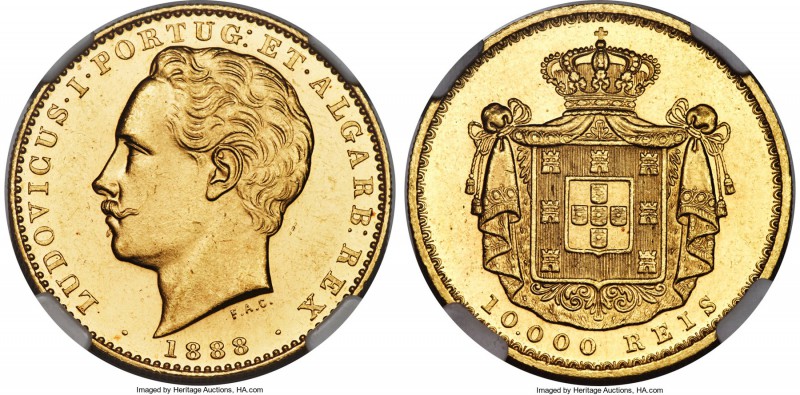 Luiz I gold 10000 Reis 1888 MS63 NGC, KM520. The penultimate date in this sought...