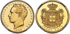 Luiz I gold 10000 Reis 1888 MS63 NGC, KM520. The penultimate date in this sought and challenging series, fully choice in appearance, well struck up wi...