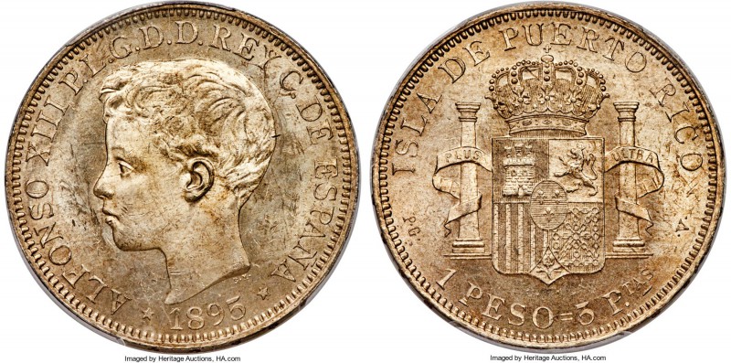 Spanish Colony. Alfonso XIII Peso 1895-PGV MS63 PCGS, KM24. A delightful and ent...