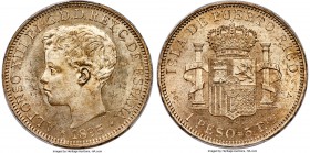 Spanish Colony. Alfonso XIII Peso 1895-PGV MS63 PCGS, KM24. A delightful and enticing example of a type that can prove to be a difficult procurement i...