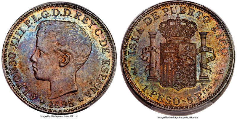 Spanish Colony. Alfonso XIII Peso 1895-PGV MS62 PCGS, KM24. A beautifully preser...