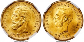 Carol I gold 20 Lei 1906-(b) MS65+ NGC, Budapest mint, KM37. 40th Anniversary of Reign issue. The finest example certified by NGC, and deservingly so,...