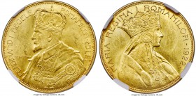 Ferdinand I gold "Coronation" 25 Lei 1922 MS63 NGC, KMX-M2, Fr-12, Stamb-083. A bit of shallowness expressed in the strike and some minor wisps noted ...
