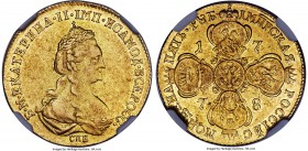Catherine II gold 5 Roubles 1778-CПБ AU53 NGC, St. Petersburg mint, KM-C78b, Bitkin-76 (R), Petrov 12 Roubles. Obv. Crowned and draped bust of Catheri...