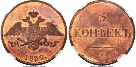 Nicholas I copper Proof Pattern Novodel 5 Kopecks 1830-CПБ PR64 Red and Brown NGC, St. Petersburg mint, Bitkin-H924 (R2), Brekke-238 var. There was an...
