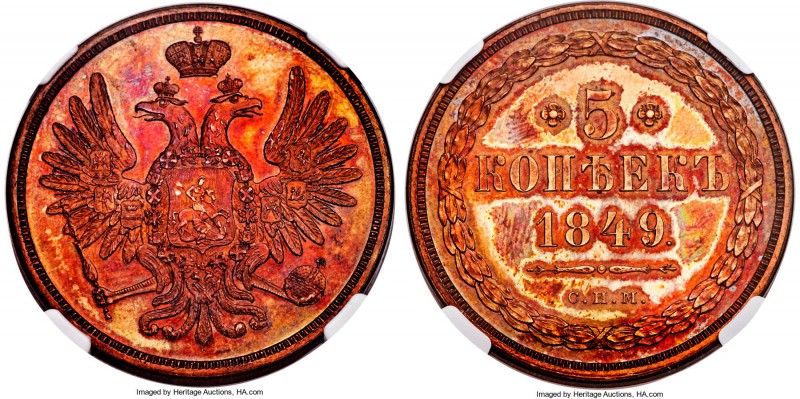 Nicholas I copper Proof Pattern Novodel 5 Kopecks 1849-CПM PR63 Red and Brown NG...
