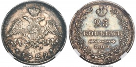 Nicholas I 25 Kopecks 1829 CПБ-HГ MS63 NGC, St. Petersburg mint, KM-C159, Bitkin-128.  Obv. Crowned double-headed Imperial eagle, with wings down, and...
