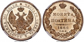 Nicholas I Poltina (1/2 Rouble) 1844 CПБ-КБ MS65 NGC, St. Petersburg mint, KM-C167.1, Bitkin-251, Sev-3449, Uzd-1624. Eagle of 1843. Obv. Crowned doub...