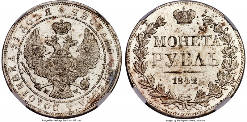 Nicholas I Rouble 1842-MW MS62 NGC, Warsaw mint, KM-C168.2, Bitkin-420 (R), Petr...